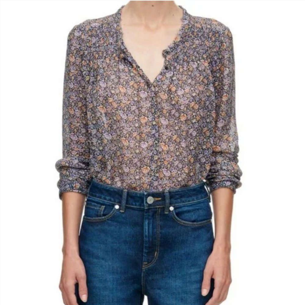 Rebecca Taylor Lavish Garden Chiffon Top Size 4 Silk Blouse Long Sleeve Shirred